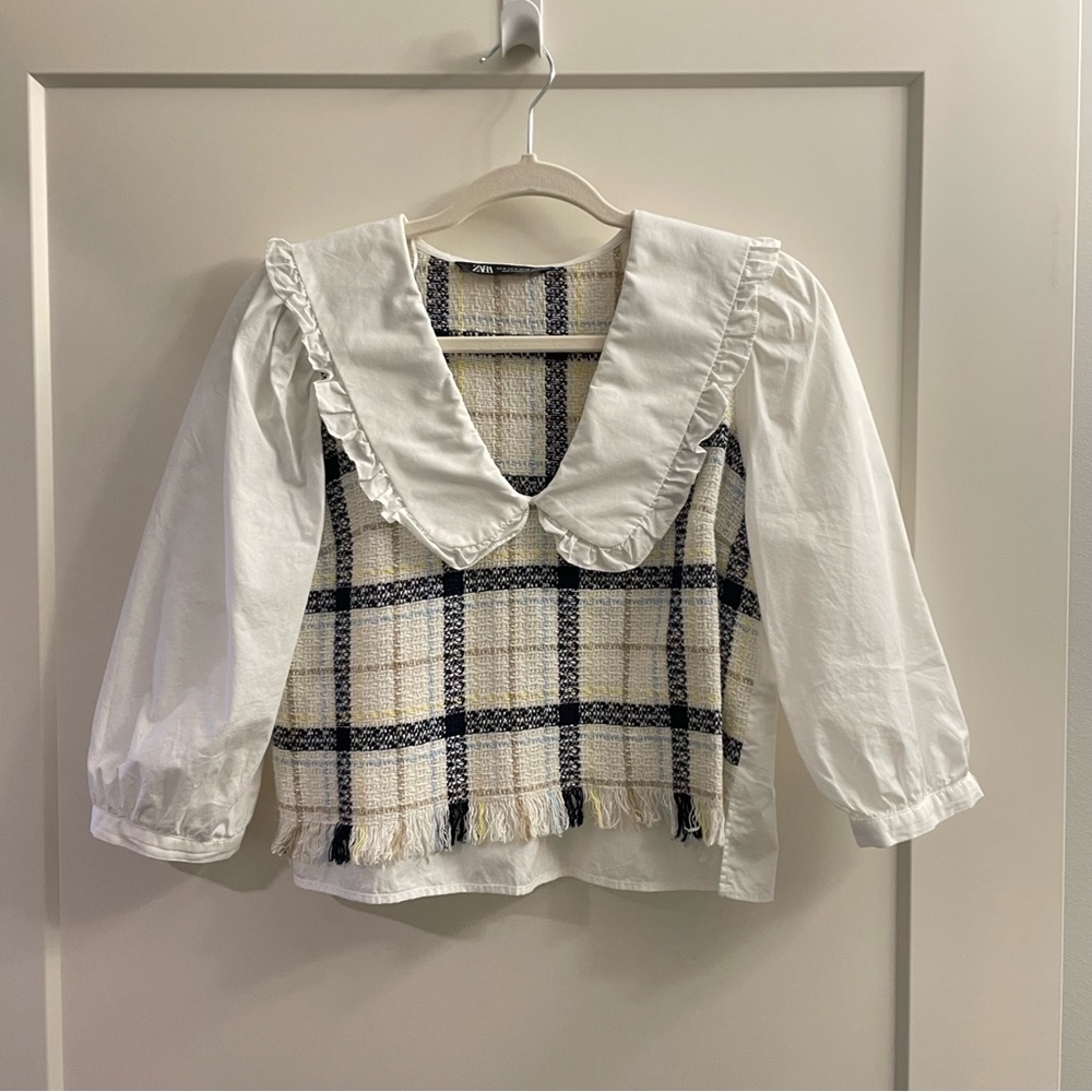 Zara plaid and white woven combo crop top